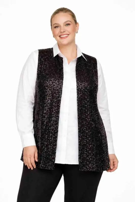 Büyük Beden Uzun Payet Yelek – Rahat Kalıp, Basen Gizleyen Model (40–62) ND4031 - BÜYÜKBEDENIZ