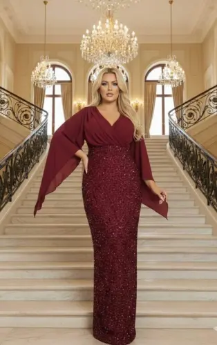 Büyük Beden V Yaka Bordo Pelerin Kollu Uzun Abiye Elbise – Işıltılı Şık Davet Elbisesi (40-62 Beden) ND4034 - 1
