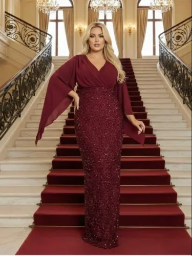 Büyük Beden V Yaka Bordo Pelerin Kollu Uzun Abiye Elbise – Işıltılı Şık Davet Elbisesi (40-62 Beden) ND4034 - 4
