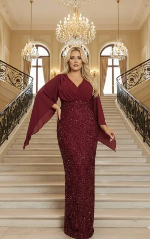 Büyük Beden V Yaka Bordo Pelerin Kollu Uzun Abiye Elbise – Işıltılı Şık Davet Elbisesi (40-62 Beden) ND4034 - 1