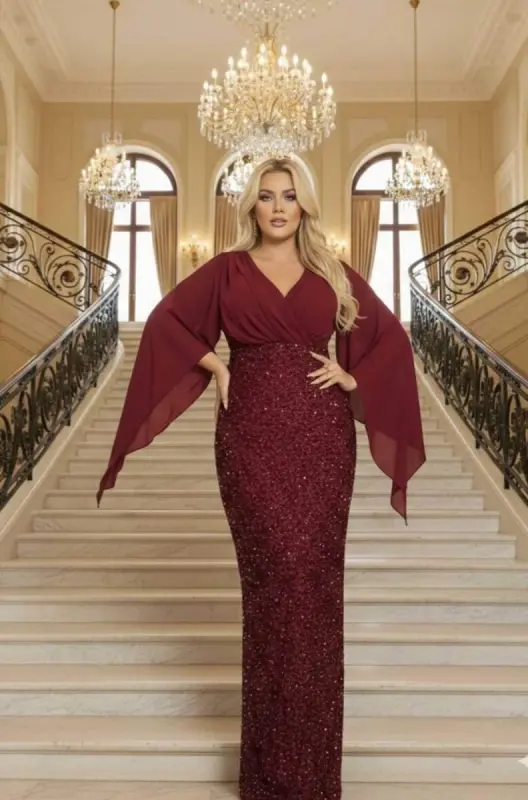 Büyük Beden V Yaka Bordo Pelerin Kollu Uzun Abiye Elbise – Işıltılı Şık Davet Elbisesi (40-62 Beden) ND4034 - 2