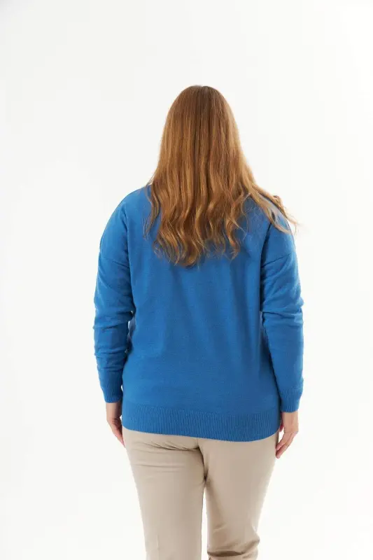 Büyük Beden V Yaka Kaşmir Karışımlı Desenli Triko Kazak İndigo - 6