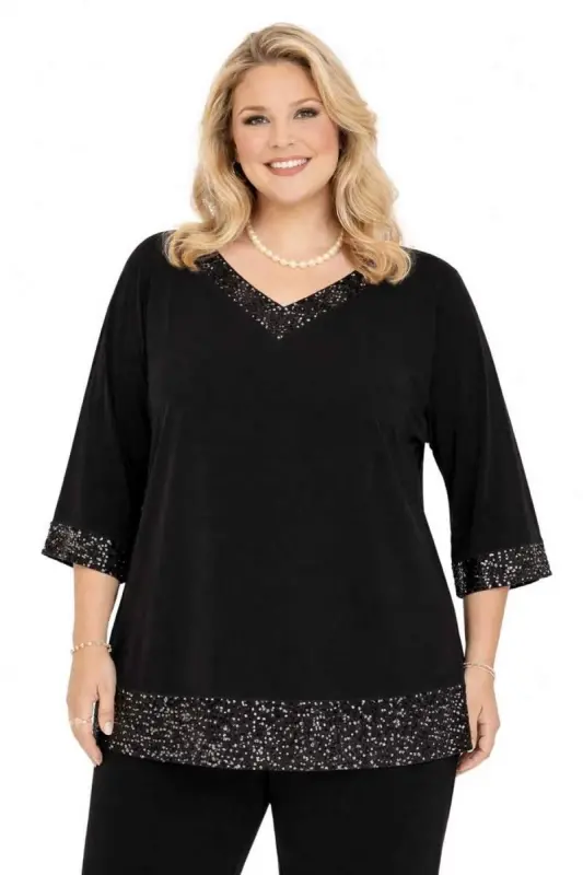 Büyük Beden V Yaka Payet Detaylı Uzun Abiye Tunik – Şık Davet ve Özel Gün Tuniği (40-62 Beden) ND4036 - BÜYÜKBEDENIZ