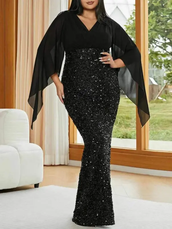 Büyük Beden V Yaka Siyah Pelerin Kollu Uzun Abiye Elbise – Işıltılı Şık Davet Elbisesi (40-62 Beden) ND4034 - 3