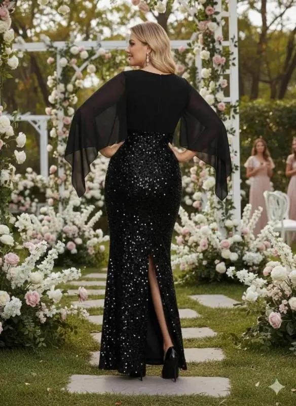 Büyük Beden V Yaka Siyah Pelerin Kollu Uzun Abiye Elbise – Işıltılı Şık Davet Elbisesi (40-62 Beden) ND4034 - 4