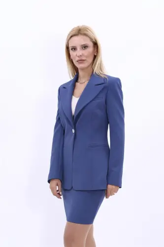 Büyük Beden - Yakalı Klasik Ceket-İndigo-İndigo - 3