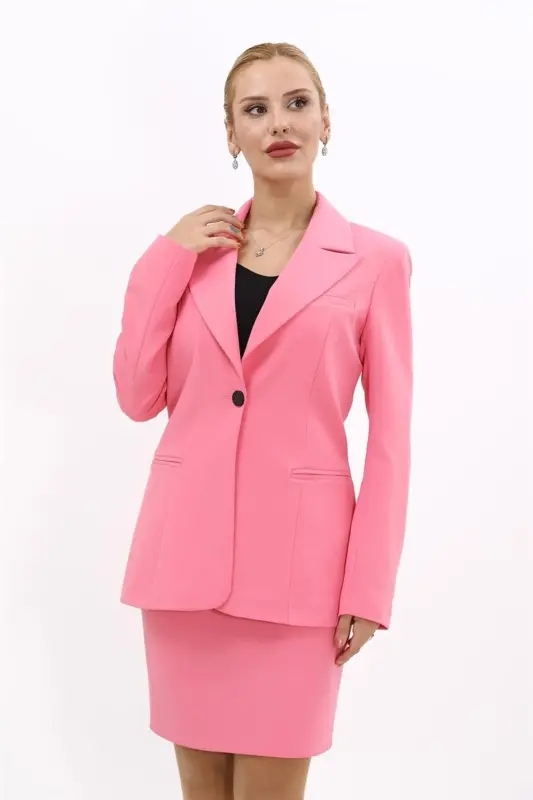 Büyük Beden - Yakalı Klasik Ceket-Pembe-Pembe - ÖNDER ÖZSOY