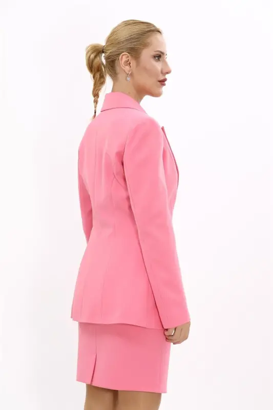 Büyük Beden - Yakalı Klasik Ceket-Pembe - Pembe - 5