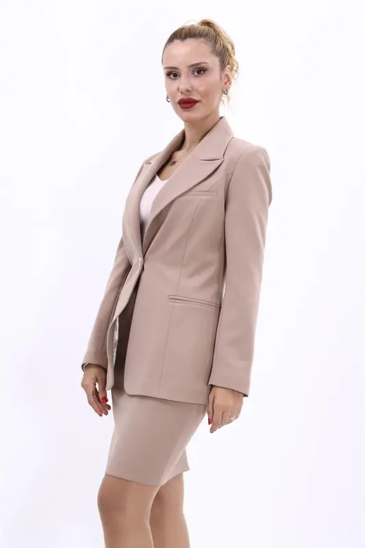 Büyük Beden - Yakalı Klasik Ceket-Taş - Taş - 3