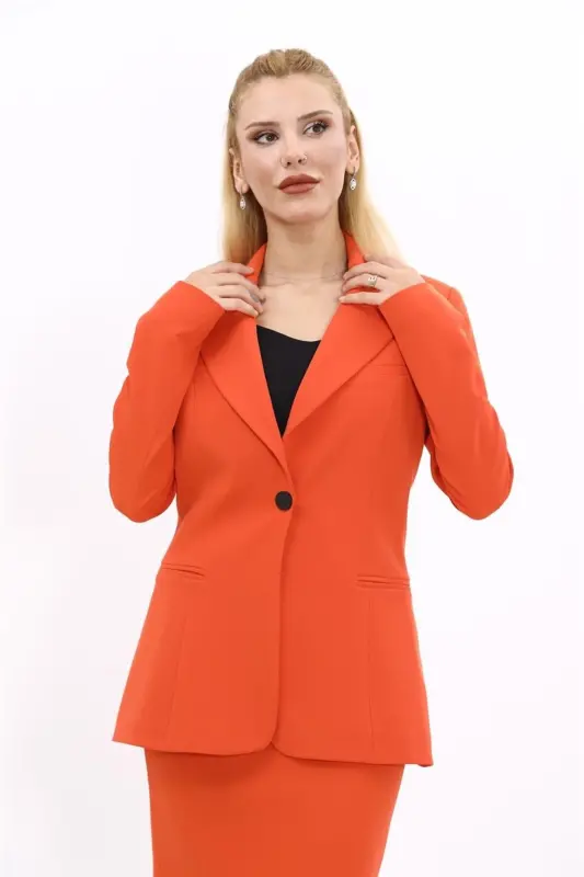 Büyük Beden - Yakalı Klasik Ceket-Turuncu-Turuncu - 1