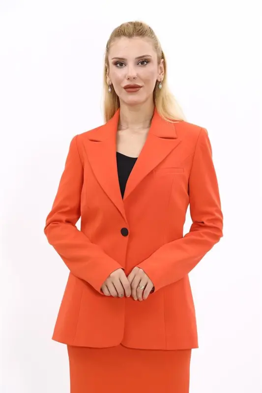 Büyük Beden - Yakalı Klasik Ceket-Turuncu-Turuncu - 5