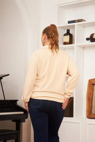 Büyük Beden Yakası Fermuarlı Sweatshirt Ekru - 7