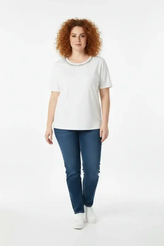 Büyük Beden Yakası Kristal Taş İşlemeli T-shirt - 3