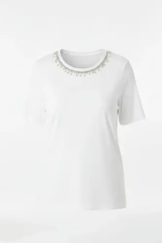 Büyük Beden Yakası Kristal Taş İşlemeli T-shirt - 6