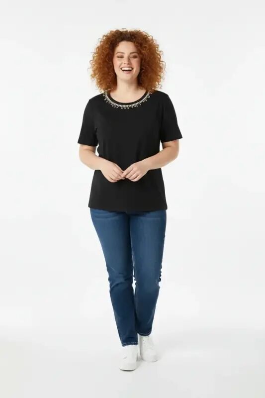 Büyük Beden Yakası Kristal Taş İşlemeli T-shirt - Büyükbedeniz