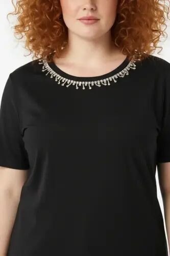 Büyük Beden Yakası Kristal Taş İşlemeli T-shirt - Büyükbedeniz (1)