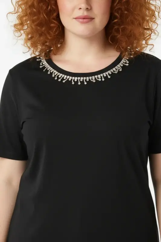 Büyük Beden Yakası Kristal Taş İşlemeli T-shirt - 2
