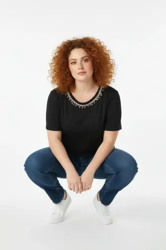 Büyük Beden Yakası Kristal Taş İşlemeli T-shirt - 3