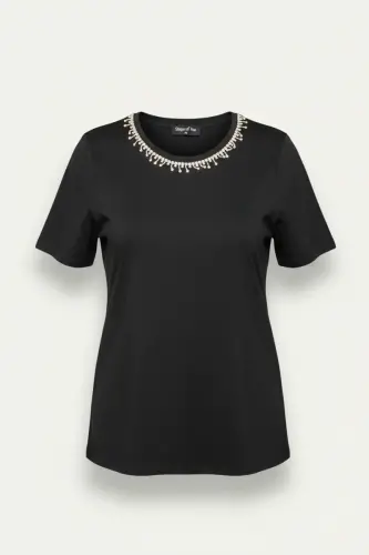 Büyük Beden Yakası Kristal Taş İşlemeli T-shirt - 6