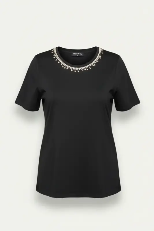 Büyük Beden Yakası Kristal Taş İşlemeli T-shirt - 6