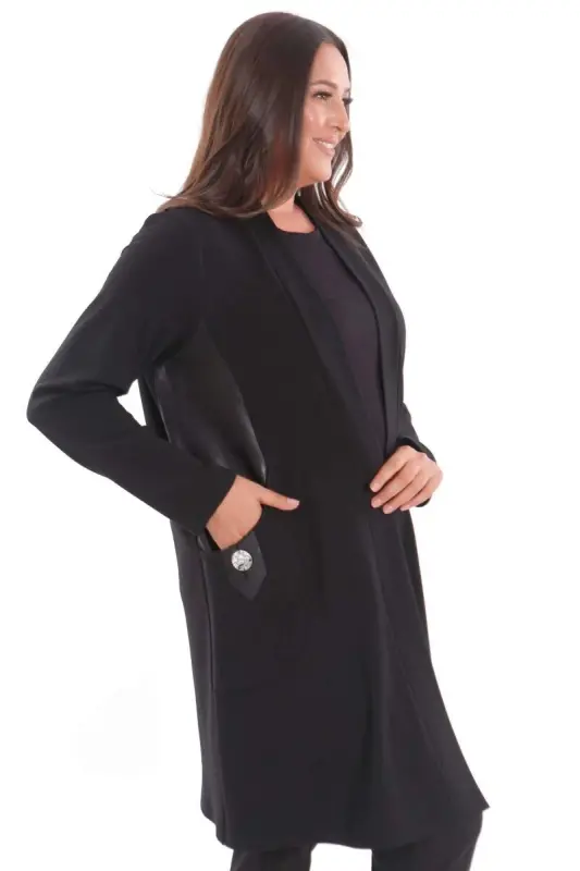 Büyük Beden Yanları Deri Garnili Çelik Siyah Hırka - 6