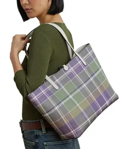 Faux-Leather Reversible Tote Bag-Soft White/beaumont Plaid - Modazone (1)