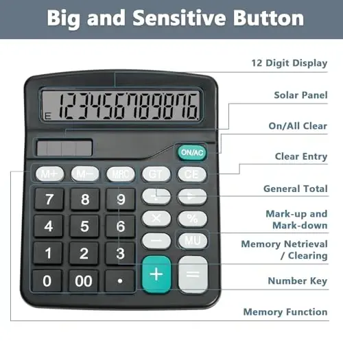 DANRONG Desktop Calculator with Big Buttons, Dual Power Source, Solar and Battery, Large Display Screen - Perfect for Office, Teachers, and Students (Black) - 6