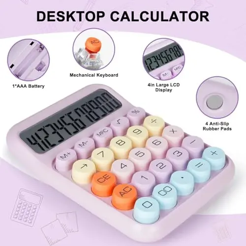 DANRONG Mechanical Switch Calculator with Big Buttons, Calculators Desktop, 12 Digits, Large LCD Display, Desk Calculator, Cute Pink Calculators for Teachers Students Basic Office (Purple) - 4