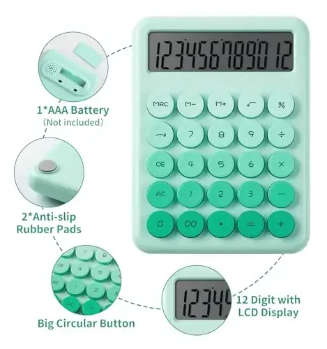 Desk Cute Green Calculator with Big Buttons, Calculators Desktop, 12 Digit with Large LCD Display, Basic Standard Calculator,Mechanical Switch Aesthetic Calculators Office Supplies for Home and School - 3