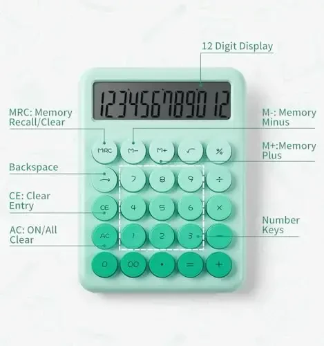 Desk Cute Green Calculator with Big Buttons, Calculators Desktop, 12 Digit with Large LCD Display, Basic Standard Calculator,Mechanical Switch Aesthetic Calculators Office Supplies for Home and School - 4
