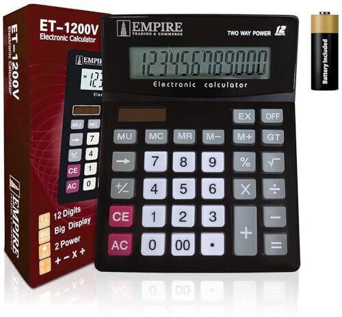 Empire Desk Calculator with Large Key Buttons, 12-Digit Large Eye-Angled Display, Solar & Battery Powered - Basic Calculator for Students, Home and Office Use (Battery Included) - EMPIRE TRADING & COMMERCE