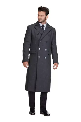 Big & Tall Double-Breasted Knee Length Wool Blend Three Button Long Overcoat Top Coat 