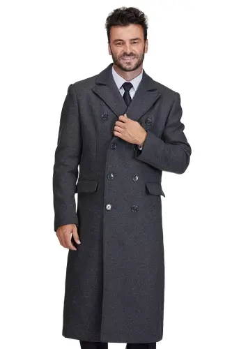 Big & Tall Double-Breasted Knee Length Wool Blend Three Button Long Overcoat Top Coat - Charcoal - 4