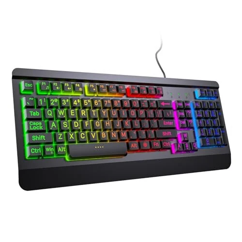 Acebaff Gaming Computer Keyboard with Large Print Keys, 104 Keys All-Metal Panel, Rainbow LED Backlit, Wrist Rest, Multimedia, Anti-Ghosting, Waterproof Light Up Wired Keyboard for PC Mac Gamer - Acebaff