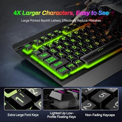 Acebaff Gaming Computer Keyboard with Large Print Keys, 104 Keys All-Metal Panel, Rainbow LED Backlit, Wrist Rest, Multimedia, Anti-Ghosting, Waterproof Light Up Wired Keyboard for PC Mac Gamer - Acebaff (1)