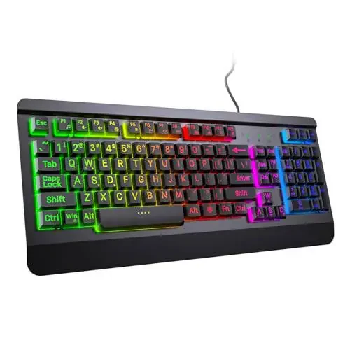 Acebaff Gaming Computer Keyboard with Large Print Keys, 104 Keys All-Metal Panel, Rainbow LED Backlit, Wrist Rest, Multimedia, Anti-Ghosting, Waterproof Light Up Wired Keyboard for PC Mac Gamer - 1