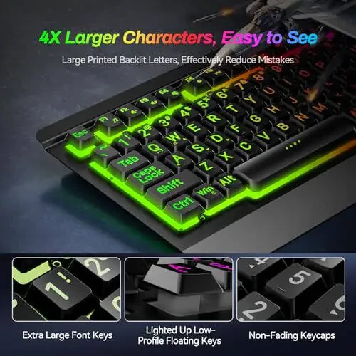 Acebaff Gaming Computer Keyboard with Large Print Keys, 104 Keys All-Metal Panel, Rainbow LED Backlit, Wrist Rest, Multimedia, Anti-Ghosting, Waterproof Light Up Wired Keyboard for PC Mac Gamer - 2