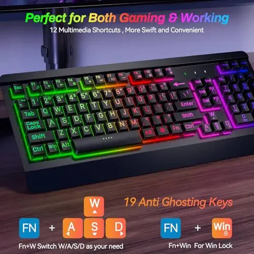 Acebaff Gaming Computer Keyboard with Large Print Keys, 104 Keys All-Metal Panel, Rainbow LED Backlit, Wrist Rest, Multimedia, Anti-Ghosting, Waterproof Light Up Wired Keyboard for PC Mac Gamer - 4