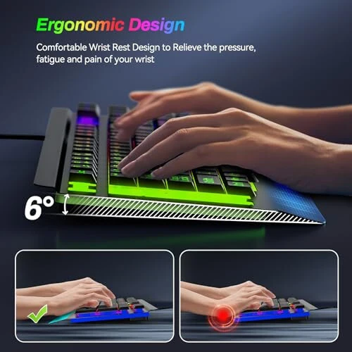 Acebaff Gaming Computer Keyboard with Large Print Keys, 104 Keys All-Metal Panel, Rainbow LED Backlit, Wrist Rest, Multimedia, Anti-Ghosting, Waterproof Light Up Wired Keyboard for PC Mac Gamer - 6