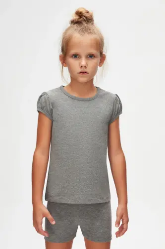 Buz Gri Basic Kız Çocuk Sıfır Yaka Karpuz Kol Tişört - FROST GRAY - LOVETTI (1)