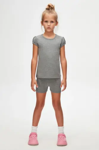 Buz Gri Basic Kız Çocuk Sıfır Yaka Karpuz Kol Tişört-FROST GRAY 