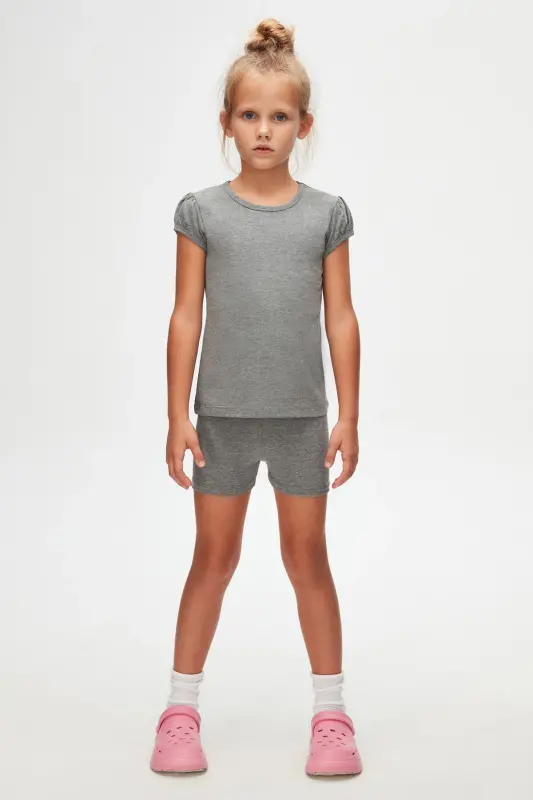 Buz Gri Basic Kız Çocuk Sıfır Yaka Karpuz Kol Tişört-FROST GRAY - LOVETTI