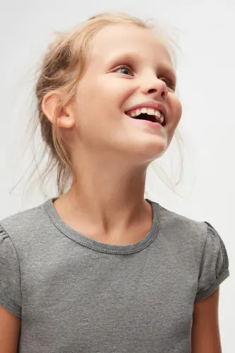 Buz Gri Basic Kız Çocuk Sıfır Yaka Karpuz Kol Tişört-FROST GRAY - 3