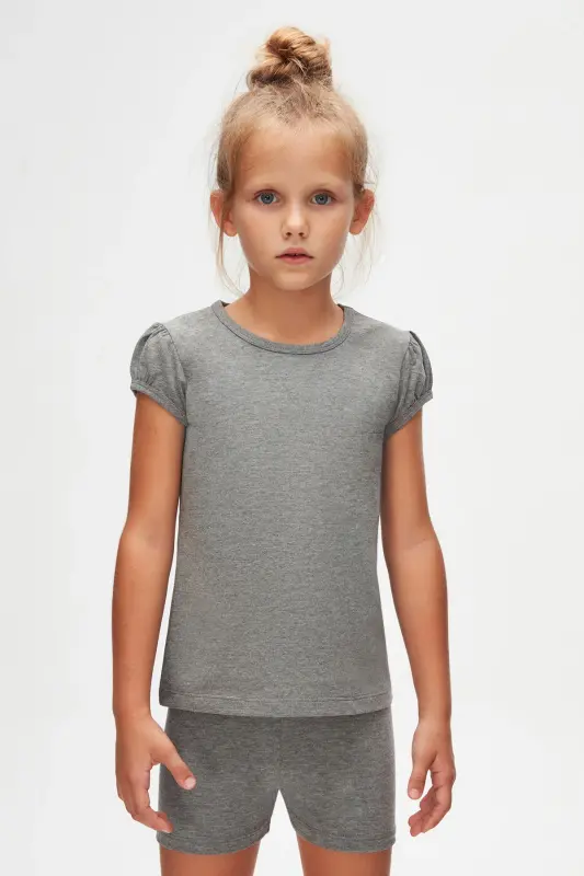 Buz Gri Basic Kız Çocuk Sıfır Yaka Karpuz Kol Tişört-FROST GRAY - 2