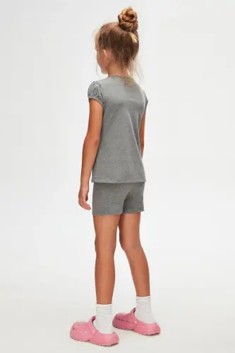 Buz Gri Basic Kız Çocuk Sıfır Yaka Karpuz Kol Tişört-FROST GRAY - 5