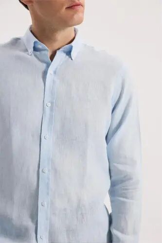 Buz Mavi Comfort Fit %100 Keten Klasik Yaka Gömlek - 3
