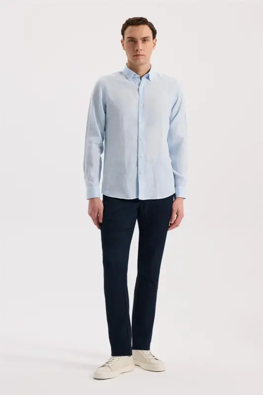 Buz Mavi Comfort Fit %100 Keten Klasik Yaka Gömlek - 2