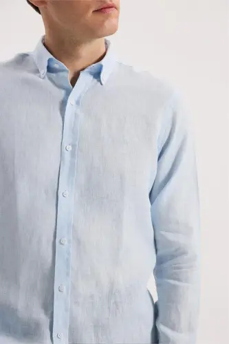 Buz Mavi Comfort Fit %100 Keten Klasik Yaka Gömlek - 3