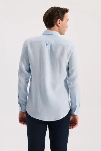 Buz Mavi Comfort Fit %100 Keten Klasik Yaka Gömlek - 4