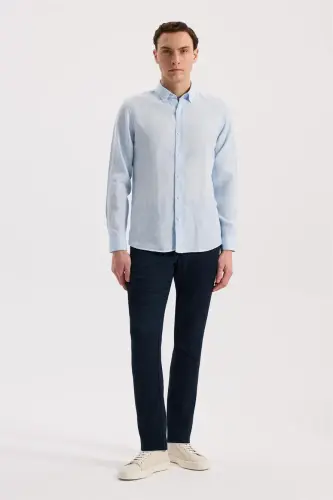 Buz Mavi Comfort Fit %100 Keten Klasik Yaka Gömlek - JAKAMEN (1)